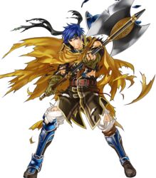  1boy armor armored_boots axe battle_axe belt blue_eyes blue_hair boots broken broken_weapon cape collarbone commentary_request cosplay elbow_gloves fire_emblem fire_emblem:_path_of_radiance fire_emblem_heroes full_body gloves greil greil_(cosplay) headband highres holding holding_weapon ike_(brave_mercenary)_(fire_emblem) ike_(fire_emblem) kita_senri looking_away male_focus official_art scar shoulder_armor solo torn_clothes transparent_background weapon 