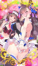  2girls artist_name ass back bare_shoulders black_hair black_thighhighs blue_bow blunt_bangs blush bow breasts brown_hair cleavage cleavage_cutout closed_eyes clothing_cutout commentary cone_hair_bun cosplay craft_essence_(fate) double_bun embarrassed fate/grand_order fate_(series) full-face_blush hair_bun hair_ornament hair_ribbon hairband hairbow heart highres large_breasts long_hair looking_at_viewer low_twintails matou_sakura matou_sakura_(cosplay) matou_sakura_(street_choco-maid) matou_sakura_(street_choco-maid)_(cosplay) midriff multiple_girls murasaki_shikibu_(fate) navel open_mouth osakabehime_(fate) purple_eyes purple_ribbon red_bow redrop ribbon signature skirt smile sparkle sweat thighhighs thighs tohsaka_rin tohsaka_rin_(cosplay) tohsaka_rin_(street_choco-maid) tohsaka_rin_(street_choco-maid)_(cosplay) twintails very_long_hair white_skirt wrist_cuffs 