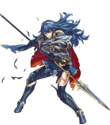  armor armored_boots belt blue_armor blue_eyes blue_hair boots cape commentary_request female fire_emblem fire_emblem_awakening fire_emblem_heroes full_body hair_ornament highres holding holding_weapon jewelry kozaki_yuusuke long_hair lucina_(brave_princess)_(fire_emblem) lucina_(fire_emblem) official_art one_eye_closed open_mouth polearm shield shoulder_pads solo spear standing thighhighs tiara torn_clothes transparent_background weapon 