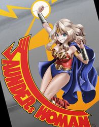  abazu-red american_flag blonde_hair blue_cape blue_eyes boots bracer breasts cape cleavage commentary_request cosplay dc_comics english_text female flag_print girls_und_panzer grin hair_intakes high_heel_boots high_heels kay_(girls_und_panzer) large_breasts leotard long_hair looking_at_viewer multicolored_leotard nose_art red_footwear smile solo standing star_(symbol) strapless strapless_leotard tiara wonder_woman wonder_woman_(cosplay) 