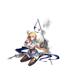  armor blue_eyes blush breasts commentary_request epaulettes female fleur-de-lis heterochromia high_heels highres jeanne_d&#039;arc_(warship_girls_r) kneeling large_breasts long_hair miyazakisoul photoshop_(medium) red_eyes rigging salute scabbard sheath skirt smoke solo striped_clothes striped_thighhighs thighhighs thighs torn_clothes torn_thighhighs turret vertical-striped_clothes vertical-striped_thighhighs warship_girls_r white_background 