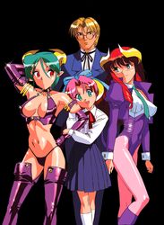  1990s_(style) 1boy 3girls age_difference alpina_(viper) aqua_eyes aqua_hair aqua_necktie arm_behind_head arm_hug arm_up armlet arms_at_sides between_breasts black_background black_ribbon blazer blonde_hair blue_bow blue_jacket blue_pants blue_sky boots bow breasts breasts_apart carrera choker cleavage closed_mouth collarbone collared_jacket collared_shirt covered_navel crop_top cropped_jacket cropped_shirt curled_horns demon_girl demon_horns dress_shirt elbow_gloves feet_out_of_frame formal frown gloves green_eyes groin hair_between_eyes hair_ribbon hairbow halterneck hand_on_own_hip head_tilt highleg highleg_leotard highres horns jacket juliet_sleeves kneehighs latex legs_apart leotard leotard_under_clothes light_blush long_hair long_sleeves looking_at_another looking_at_viewer looking_back medium_breasts mercedes_(viper) multiple_girls narrow_waist navel neck_ribbon necktie necktie_between_breasts no_pupils o-ring o-ring_top official_art open_clothes open_jacket open_mouth pants parted_bangs pink_hair pink_leotard pleated_skirt pointy_ears pose puffy_long_sleeves puffy_sleeves purple_footwear purple_gloves purple_jacket purple_socks purple_thighhighs rati red_eyes red_ribbon retro_artstyle revealing_clothes ribbon rimless_eyewear round_eyewear school_uniform scowl shiny_clothes shiny_skin shirt short_hair sidelocks sideways_glance simple_background skirt sky socks sparkle straight_hair suit tan taut_clothes thigh_boots thighhighs viper viper_gts white_shirt white_socks wing_collar yellow_horns 