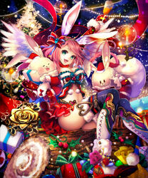  :3 :d ^_^ animal_ears aoi_(kirabosi105) arm_up bow box breasts candle christmas christmas_tree closed_eyes commentary_request cup drinking_glass female frills fur_trim gift gift_box gloves green_eyes hairband head_tilt holding log medium_breasts open_mouth outstretched_arm pink_hair rabbit rabbit_ears red_bow red_footwear red_gloves red_skirt sack santa_costume shingoku_no_valhalla_gate shoes sitting skirt smile thighhighs white_wings wine_glass wings 