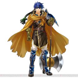  1boy armor armored_boots axe battle_axe belt blue_eyes blue_hair boots cape collarbone commentary_request cosplay elbow_gloves fire_emblem fire_emblem:_path_of_radiance fire_emblem_heroes full_body gloves greil greil_(cosplay) headband ike_(brave_mercenary)_(fire_emblem) ike_(fire_emblem) kita_senri looking_at_viewer male_focus official_art serious shoulder_armor simple_background solo third-party_edit third-party_watermark weapon white_background 