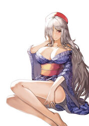  :&gt; bad_id bad_pixiv_id barefoot beret braid breasts closed_mouth collarbone female g36c_(girls&#039;_frontline) g36c_(ode_to_summer)_(girls&#039;_frontline) girls&#039;_frontline glint grey_hair hair_over_one_eye hat head_tilt japanese_clothes jewelry kimono large_breasts long_hair looking_at_viewer obi off_shoulder official_alternate_costume photoshop_(medium) red_eyes red_hair riko_(ccllnnhh) ring sash simple_background single_braid solo very_long_hair wedding_ring white_background 