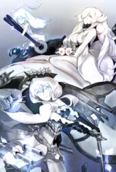  3girls abyssal_ship ahoge bad_id bad_pixiv_id blue_eyes breasts european_princess french_battleship_princess hair_between_eyes hair_over_one_eye highres holding holding_sword holding_weapon huge_ahoge kantai_collection large_breasts long_hair machinery multiple_girls new_submarine_princess orange_eyes short_hair smile sword torpedo turret weapon weasel_(close-to-the-edge) white_hair 