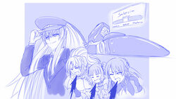  4girls alicetaria_february altair_(re:creators) armor blue_theme commentary conductor english_commentary highres kirameki_mamika monochrome multiple_girls photoshop_(medium) ponytail projected_inset re:creators selesia_upitiria shaded_face spitting spitting_blood spoilers train train_station twintails viperxtr 