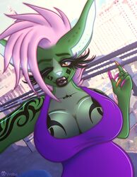  2018 absurd_res anthro big_breasts black_lips breasts clothing digital_media_(artwork) dressfeline dutch_angle ear_piercing ear_ring eyelashes felid feline female front_view fur green_body green_fur hair half-length_portrait hi_res huge_eyelashes hybrid kangaroo large_fingernails lips looking_at_viewer macropod mammal marsupial mohawk petrabyte_incast piercing pink_hair portrait puffy_lips ring_piercing scar selfie serval smile solo tattoo thick_eyelashes thick_lips vrabo 