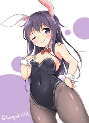  :&gt; akatsuki_(kancolle) animal_ears bare_shoulders bow bowtie breasts bunny_day closed_mouth commentary_request covered_navel detached_collar doyagao fake_animal_ears female hand_on_own_chest hand_on_own_hip ichininmae_no_lady kantai_collection kemonomimi_mode long_hair looking_at_viewer one_eye_closed pantyhose playboy_bunny purple_eyes purple_hair rabbit_ears rabbit_tail red_bow small_breasts smile smug solo standing tail takoyaki_(takoyaki-batake) twitter_username wrist_cuffs 