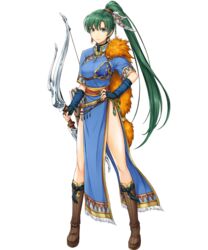  armor boots bow_(weapon) breasts cape commentary_request dress earrings elbow_gloves feathers female fingerless_gloves fire_emblem fire_emblem:_the_blazing_blade fire_emblem_heroes full_body fur_cape gloves green_eyes green_hair hair_ornament hand_on_own_hip highres holding holding_bow_(weapon) holding_weapon jewelry knee_boots long_hair looking_at_viewer lyn_(brave_lady)_(fire_emblem) lyn_(fire_emblem) medium_breasts muneate official_art pelvic_curtain ponytail quiver short_sleeves side_slit smile solo standing transparent_background weapon yamada_koutarou 