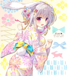  :d ameto_yuki animal_ears artist_name blanc_(ameto_yuki) blue_bow blush bow breasts commentary_request crescent crescent_hair_ornament female fingernails floral_print flower grey_hair hair_between_eyes hair_bun hair_flower hair_ornament hands_up japanese_clothes kimono long_hair long_sleeves looking_at_viewer looking_back medium_breasts open_mouth original print_kimono rabbit_ears rabbit_girl rabbit_tail red_eyes red_flower single_hair_bun single_side_bun smile solo tail white_kimono wide_sleeves yukata 