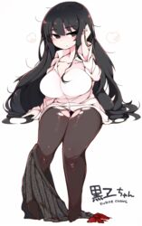  black_eyes black_hair black_pantyhose blush borrowed_character breasts commentary_request female highres huge_breasts inuyama_kuroe long_hair mato_tsuyoi original pantyhose sitting skirt skirt_around_one_leg solo torn_clothes torn_pantyhose very_long_hair 