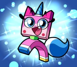  2017 blue_eyes blue_tail cartoon_network digital_media_(artwork) domestic_cat eyelashes felid feline felis feral horn lego lego_brick looking_at_viewer mammal open_mouth open_smile pink_body rongs1234 signature smile solo tail the_lego_movie unikitty unikitty! 