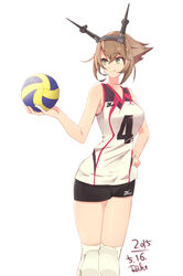  alternate_costume brown_hair commentary_request female green_eyes headpiece kantai_collection knee_pads mutsu_(kancolle) short_hair sleeveless smile sportswear volleyball volleyball_uniform yukiyanagi_raki 