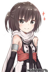  bad_id bad_pixiv_id black_gloves black_neckerchief brown_eyes brown_hair elbow_gloves female gantan gloves kantai_collection looking_at_viewer neckerchief scarf school_uniform sendai_(kancolle) sendai_kai_ni_(kancolle) serafuku smile solo sparkle twitter_username upper_body white_scarf 