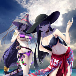  2girls absurdly_long_hair bare_shoulders bikini black_hat blue_eyes breasts chef_no_kimagure_salad choker cleavage collarbone commentary_request cross eyepatch_bikini fate/grand_order fate_(series) hand_on_own_hip hat highres index_finger_raised large_breasts leaning_forward long_hair looking_at_viewer low-tied_long_hair martha_(fate) martha_(swimsuit_ruler)_(fate) martha_(swimsuit_ruler)_(first_ascension)_(fate) minamoto_no_raikou_(fate) minamoto_no_raikou_(swimsuit_lancer)_(fate) minamoto_no_raikou_(swimsuit_lancer)_(first_ascension)_(fate) multiple_girls navel purple_hair swimsuit underboob very_long_hair 