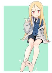  absurdres barefoot black_skirt blonde_hair blush bural_chingu commentary_request female full_body hair_between_eyes highres lee_ji-min long_hair looking_at_viewer necktie red_eyes simple_background skirt smile solo wweed 