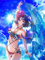  :d absurdres arm_up bad_id bad_pixiv_id bikini bracelet breasts cleavage cloud commentary_request day fate/grand_order fate_(series) female flower grin hair_flower hair_ornament highres holding jewelry katsushika_hokusai_(fate) large_breasts lens_flare looking_at_viewer md5_mismatch navel octopus open_mouth outdoors photoshop_(medium) purple_eyes purple_hair resolution_mismatch shawl short_hair shutsuri sky smile source_smaller swimsuit tokitarou_(fate) water 