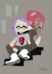  2boys black_pants black_shirt dark-skinned_male dark_skin facial_hair goatee grey_shirt ikkan_(splatoon) looking_at_viewer looking_back male_focus mentako_(mentaco) multiple_boys pants pointy_ears protected_link purple_hair red_hair shirt skeleton_print smile splatoon_(series) splatoon_2 t-shirt tentacle_hair tentacle_piercing warabi_(splatoon) wristband 