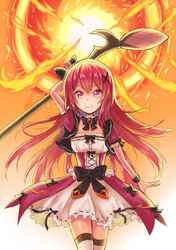  black_bow black_bowtie bow bowtie cattleya_(flower_knight_girl) closed_mouth commentary_request cowboy_shot female fire flower_knight_girl holding holding_staff kusumoto_miya long_hair looking_at_viewer orange_background red_eyes red_hair skirt smile solo staff waist_bow white_skirt wrist_cuffs 