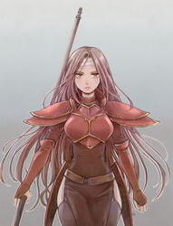  altena_(fire_emblem) armor belt black_thighhighs breastplate brown_hair commentary_request cowboy_shot dress elbow_gloves female fingerless_gloves fire_emblem fire_emblem:_genealogy_of_the_holy_war garter_straps gloves gradient_background grey_background headband hira_(otemoto84) lips long_hair looking_at_viewer pelvic_curtain polearm red_eyes red_gloves side_slit signature solo thighhighs weapon 