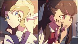  &gt;:( 2girls blonde_hair blue_eyes body_switch brown_hair closed_mouth commentary cursive diana_cavendish drawing_on_own_face english_text frown holding holding_pen kagari_atsuko kimi_no_na_wa. little_witch_academia long_sleeves luna_nova_school_uniform milk_puppy multiple_girls parody pen personality_switch pink_hair ponytail red_ribbon ribbon scene_reference school_uniform translated v-shaped_eyebrows writing 