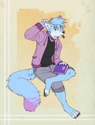  anthro barefoot biped blue_body blue_fur blue_hair book canid canine clothed clothing collar diesel_wiesel fangs feet fox fur goji_(flitchee) hair hi_res jacket male mammal open_clothing open_jacket open_topwear simple_background solo teeth topwear 