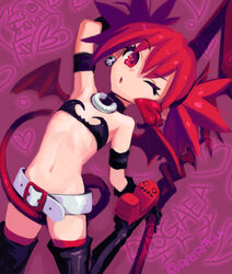  ;o armband bare_shoulders belt belt_buckle between_legs black_choker black_gloves breasts buckle character_name choker commentary_request copyright_name demon_girl demon_tail demon_wings disgaea earrings elder_spear etna_(disgaea) female gloves hair_between_eyes heart holding holding_polearm holding_weapon jewelry leg_up makai_senki_disgaea navel one_eye_closed photoshop_(medium) polearm prinny red_eyes red_hair red_thighhighs red_wings short_twintails skull_earrings small_breasts solo spear stomach tail tail_between_legs thighhighs twintails twitter_username weapon white_belt wings yuuzuki_rairaku 