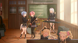  5girls :o ^_^ animal aqua_eyes arm_at_side arms_up beatrice_(re:zero) black_ribbon blazer blonde_hair blue_eyes blue_hair blue_ribbon blurry blush breasts broom broom_guitar butterfly-shaped_pupils cable chalkboard closed_eyes closed_mouth clothes_around_waist clubroom commentary contemporary cosplay cymbals depth_of_field door dress_shirt drill_hair drum drum_set drumsticks electric_organ elf emilia_(re:zero) english_commentary feline felt_(re:zero) flat_chest floor grey_legwear grey_skirt guitar_case hair_ornament hair_over_one_eye hair_ribbon hairband head_rest highres holding holding_broom indoors instrument instrument_case jacket jacket_around_waist justin_leyva_(steamy_tomato) k-on! keyboard_(instrument) knees_together_feet_apart laughing legs_together light_particles long_hair long_sleeves looking_at_another medium_breasts multiple_girls music neck_ribbon oerba_yun_fang outstretched_hand pantyhose parody photoshop_(medium) pink_hair playing_instrument pleated_skirt plectrum pointy_ears ponytail poster_(object) pout puck_(re:zero) purple_eyes ram_(re:zero) re:zero_kara_hajimeru_isekai_seikatsu red_eyes rem_(re:zero) ribbon sakuragaoka_high_school_uniform school school_uniform shirt shoes short_hair siblings sisters skirt small_breasts smile speaker standing symbol-shaped_pupils track_jacket twin_drills twins unconventional_guitar uwabaki voice_actor_connection wainscoting wall white_hair white_shirt window winter_uniform wooden_floor 