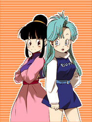  2girls :d arm_at_side back-to-back bare_legs black_eyes black_hair blue_dress blue_eyes blue_hair blush bulma_briefs chi-chi_(dragon_ball) chinese_clothes clothes_writing commentary_request crossed_arms dragon_ball dragon_ball_z dress happy long_hair long_sleeves looking_at_another looking_back multiple_girls open_mouth orange_background smile standing striped striped_background thighs tied_hair turtleneck two-tone_background upper_body yukimitsuki 