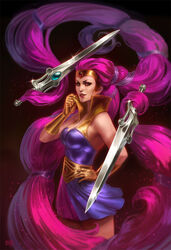  absurdly_long_hair artist_name bad_end breasts cleavage commentary defeat english_commentary entrapta female gem gloves large_breasts lipstick long_hair makeup masters_of_the_universe photoshop_(medium) pink_eyes pink_hair prehensile_hair realistic signature simon_eckert solo sword sword_of_power sword_of_protection teeth tiara twintails upper_body very_long_hair weapon 