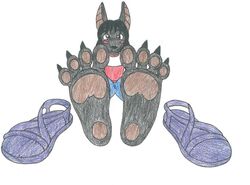  4_toes anthro barefoot big_ears biped canid canine canis claws clothed clothing feet foot_focus footwear jackal looking_at_viewer male mammal mintymousyx_(artist) pawpads paws plantigrade sandals simple_background smile soles solo toe_claws toes traditional_media_(artwork) 