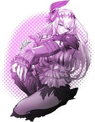  :&gt; armor breasts camisole cleavage commentary_request dark_jeanne dotted_background elbow_gloves female flower gloves granblue_fantasy greaves hair_between_eyes hair_flower hair_ornament hairband jeanne_d&#039;arc_(granblue_fantasy) layered_clothes long_hair looking_at_viewer pantyhose purple_eyes signature single_glove skirt solo white_background white_hair zunta 