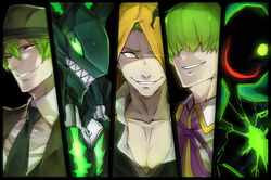  5boys blazblue blazblue:_central_fiction blazblue:_chronophantasma blazblue:_continuum_shift blazblue_phase_0 commentary crazy_smile evil_grin evil_smile fedora formal ghost glowing glowing_eyes green_eyes green_hair grin hair_over_eyes hat hazama highres hood hooded_jacket jacket kazuma_kuvaru luse_maonang male_focus multiple_boys multiple_persona one_eye_closed one_eye_covered pectorals photoshop_(medium) smile suit susanoo_(blazblue) yellow_eyes yuuki_terumi 