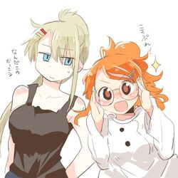  2girls alphys alphys_(cosplay) alternate_costume alternate_hairstyle aquila_(kancolle) bespectacled black_tank_top brown_eyes casual commentary_request cosplay frown glasses graf_zeppelin_(kancolle) hair_ornament hairclip kantai_collection long_sleeves looking_at_another looking_at_viewer lowres multiple_girls open_mouth ponytail rebecca_(keinelove) shirt single_sidelock sweat tank_top translated undertale undyne undyne_(cosplay) white_shirt 