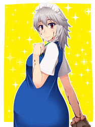  adapted_costume blood blood_on_arm blood_on_face blue_dress border braid breasts censored censored_violence commentary_request dress expressionless female from_side grey_hair hayashi_custom highres holding izayoi_sakuya large_breasts looking_at_viewer looking_to_the_side maid_headdress mosaic_censoring outside_border photoshop_(medium) pregnant red_eyes shirt short_hair short_sleeves solo sparkle_background touhou twin_braids white_border white_shirt yellow_background 