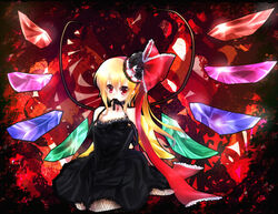  alternate_wings bad_id bad_pixiv_id black_dress blonde_hair choker dress elbow_gloves female flandre_scarlet gloves mouth_hold off_shoulder red_eyes solo strap_slip tomcho touhou wings 