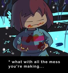  ambiguous_gender brown_hair clothing dirty english_text flower frisk_(undertale) hair hi_res human human_only jake_lion mammal not_furry plant solo text undertale undertale_(series) 