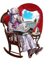  3girls absurdres bat_wings book boots chair commentary_request crescent crescent_hat_ornament cup hat hat_ornament head_wings highres hong_meiling koakuma long_hair multiple_girls patchouli_knowledge photoshop_(medium) purple_eyes purple_hair red_eyes red_hair rocking_chair teacup teapot touhou umami_(sakeikura) wings 