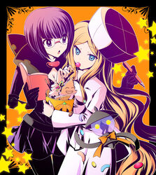  2girls belt blonde_hair blue_eyes book bow breasts candy candy_cane cattleya_(pokemon) cleavage coat cookie cookies cupcake dress glasses glassses gloves hat lolipop long_hair multiple_girls nu_(ukskuj) open_mouth pencil pocky pokemon pokemon_(game) pokemon_black_and_white pokemon_bw pumpkin purple_eyes purple_hair ranpuraa shikimi_(pokemon) short_hair star stars violet_eyes 