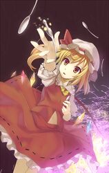  artistic_error bad_id bad_pixiv_id blonde_hair collared_shirt cowboy_shot female flandre_scarlet frilled_shirt_collar frilled_skirt frilled_sleeves frills hair_between_eyes hat hat_ribbon hidebo holding holding_spoon mob_cap open_mouth ponytail puffy_short_sleeves puffy_sleeves red_eyes red_ribbon red_skirt red_vest ribbon shirt short_hair short_sleeves side_ponytail skirt solo spoon touhou vest white_hat white_shirt wings 