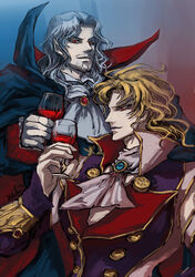  2boys ascot birthmark black_cape blonde_hair blood cape castlevania_(series) commentary_request crossover cup dio_brando dracula_(castlevania) drinking_glass ear_birthmark facial_hair goatee grey_hair hideki holding holding_cup jojo_no_kimyou_na_bouken long_sleeves male_focus moustache multiple_boys patrick_seitz phantom_blood phantom_blood_(film) photoshop_(medium) red_eyes signature trait_connection upper_body vampire voice_actor_connection 