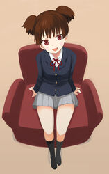  bad_id bad_pixiv_id brown_eyes brown_hair chair easy_chair female fisheye head_tilt k-on! legs nekomatagi open_mouth sakuragaoka_high_school_uniform school_uniform sitting smile solo suzuki_jun twintails 