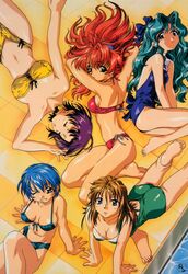  5girls artist_request ass bandeau bare_shoulders bikini blue_hair breasts brown_hair cleavage closed_eyes fujiwara_yukie green_(game) green_hair highres hirose_mariko large_breasts long_hair looking_at_viewer looking_up medium_breasts mizuno_makoto_(green) multiple_girls one-piece_swimsuit pool purple_eyes purple_hair red_hair sakurai_akane short_hair side-tie_bikini_bottom smile swimsuit takahashi_kanako 