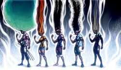  4boys abs absurdly_long_hair afro bag biafura blonde_hair cigarette commentary epic_hair female goggles gon-san green_hair hat hunter_x_hunter katana long_hair monkey_d._luffy multiple_boys muscular nami_(one_piece) odd_one_out one_piece parody roronoa_zoro sanji_(one_piece) smoking straw_hat sword tattoo usopp very_long_hair weapon 