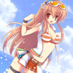  beatmania_iidx belt bikini bikini_top_only bracelet breasts brown_eyes brown_hair cleavage commentary_request day dutch_angle female jewelry large_breasts long_hair lowres midriff miniskirt mizunamidori navel skirt solo striped_bikini striped_clothes sunglasses swimsuit thigh_strap umegiri_iroha vest 