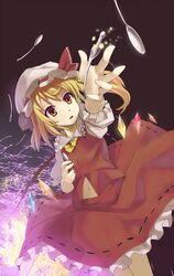  blonde_hair collared_shirt commentary cowboy_shot female flandre_scarlet frilled_shirt_collar frilled_skirt frilled_sleeves frills hair_between_eyes hat hat_ribbon hidebo holding holding_spoon mob_cap navel open_mouth orange_eyes ponytail puffy_short_sleeves puffy_sleeves red_ribbon red_skirt red_vest ribbon shirt short_hair short_sleeves side_ponytail skirt solo spoon touhou vest white_hat white_shirt wings 