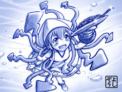  :d black_spaghetti blue_theme bracelet commentary_request dress female food ikamusume jewelry monochrome open_mouth pasta plate shinryaku!_ikamusume smile solo spaghetti tentacle tentacle_hair yoshikawa_kazunori 