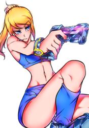  artist_request blonde_hair blue_eyes casual_outfit_(metroid) crop_top female female_only gun human metroid midriff navel nintendo ponytail samus_aran simple_background solo tied_hair weapon 