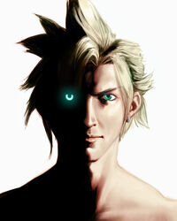  1boy blonde_hair blue_eyes cloud_strife commentary earrings english_commentary final_fantasy final_fantasy_vii glowing glowing_eye green_eyes jewelry male_focus manly nude portrait realistic shadow simple_background solo spiked_hair tom_waterhouse 